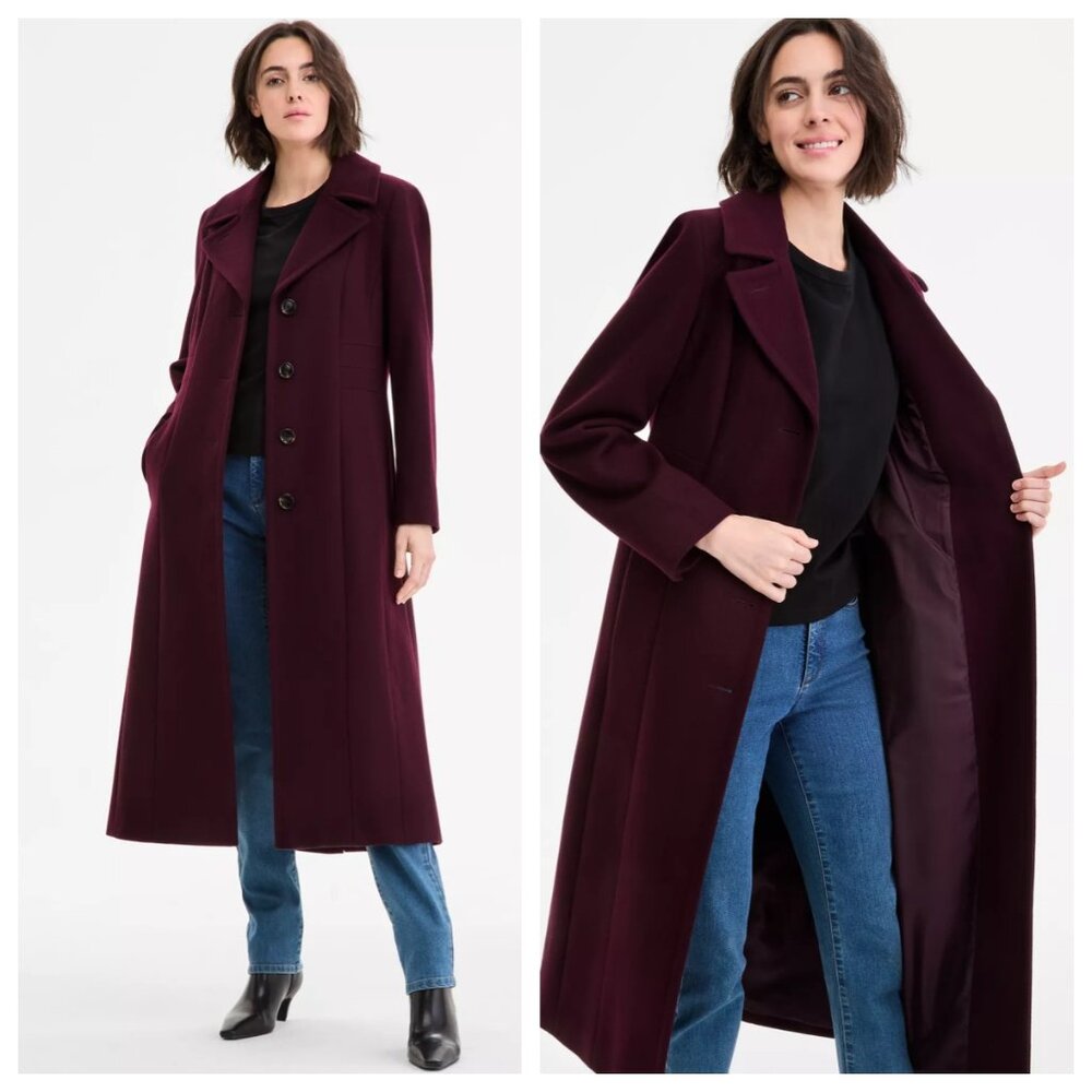 Anne Klein Cashmere Blend Long Wool Coat Merlot